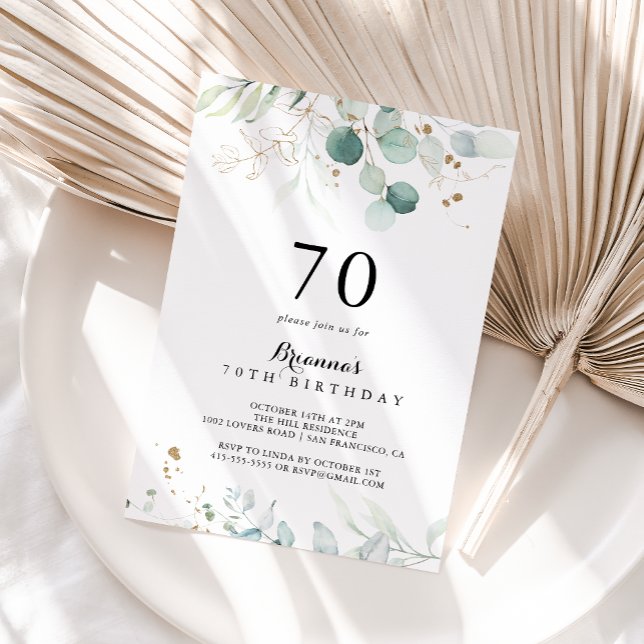 Rustic Eucalyptus Gold Floral 70th Birthday Party Invitation (Creator Uploaded)