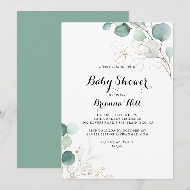 Rustic Eucalyptus Gold Floral Baby Shower Invitation (Front/Back)