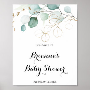 Rustic Eucalyptus Gold Floral Baby Shower Welcome Poster