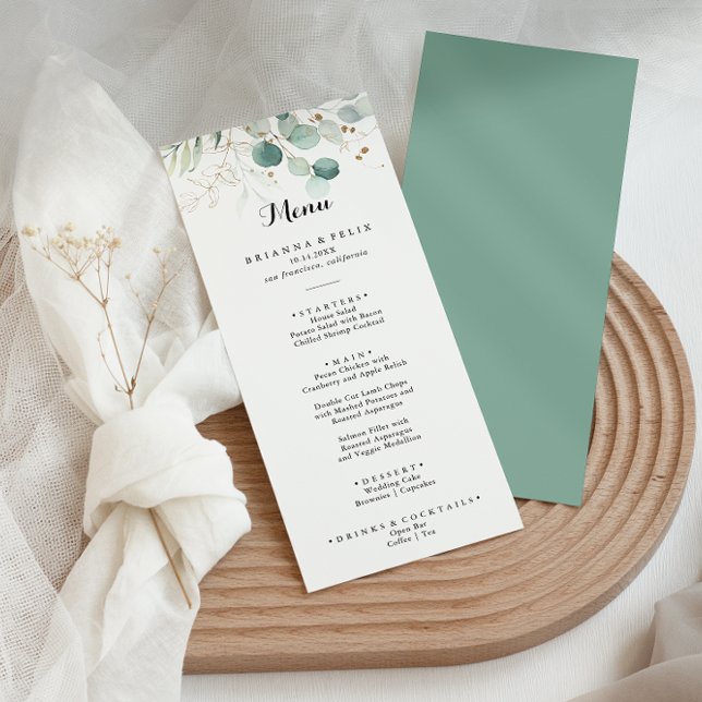 Rustic Eucalyptus Gold Floral Calligraphy Dinner Menu (Creator Uploaded)