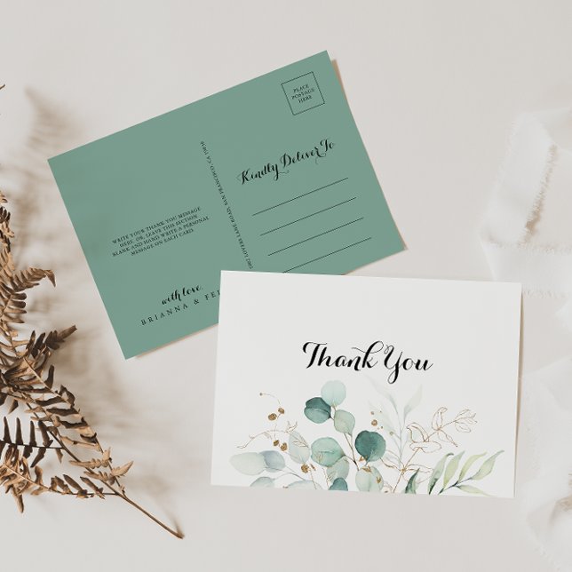 Rustic Eucalyptus Gold Floral Thank You Postcard (Creator Uploaded)