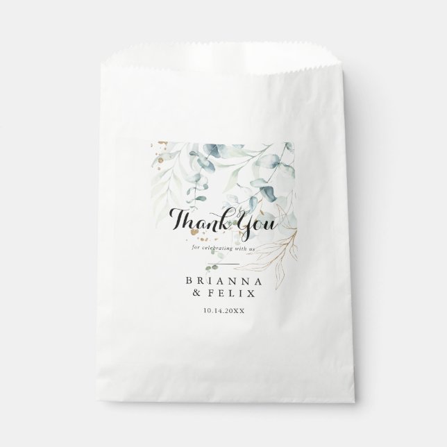 Rustic Eucalyptus Gold Floral Thank You Wedding Favour Bags (Front)
