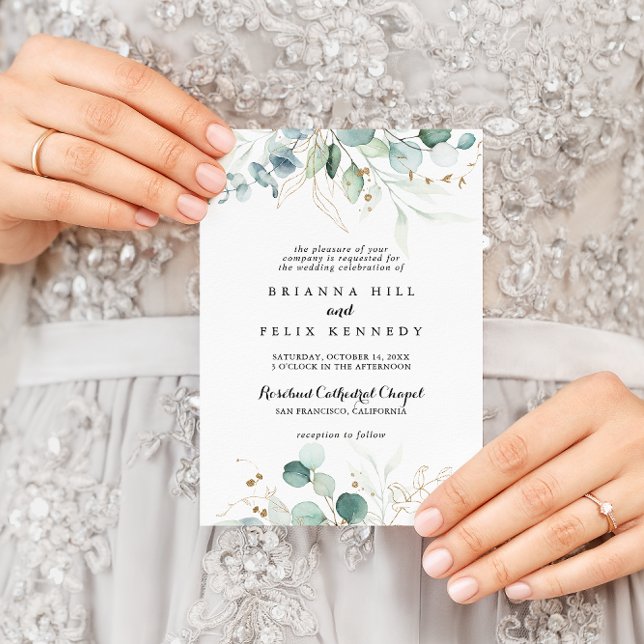 Rustic Eucalyptus Gold Floral Traditional Wedding Invitation (Creator Uploaded)