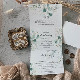Rustic Eucalyptus Gold Floral Tri-Fold Invitation