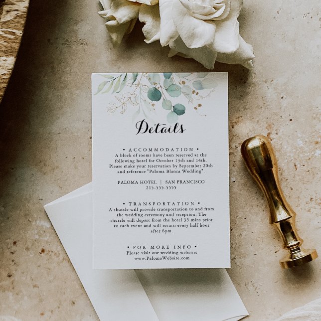 Rustic Eucalyptus Gold Floral Wedding Details Enclosure Card (Creator Uploaded)