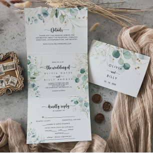 Rustic Eucalyptus Gold Floral Wedding of Tri-Fold Invitation