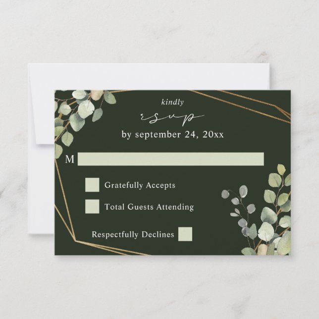 Rustic Eucalyptus & Gold Frame no Meal RSVP Green (Front)