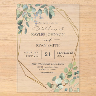 Rustic Eucalyptus & Gold Frame Wedding Acrylic Invitations