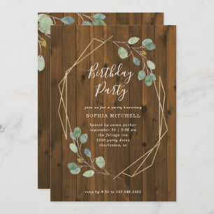 Rustic Eucalyptus   Gold Geometric Birthday Party Invitation