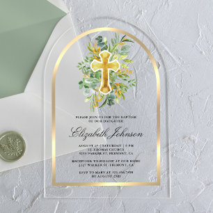 Rustic Eucalyptus Gold Greenery Arch Baptism Acrylic Invitations