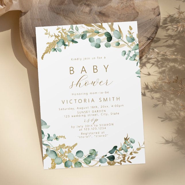 Rustic eucalyptus gold greenery boho Baby Shower Invitation (Rustic eucalyptus gold greenery boho Baby Shower Invitation)