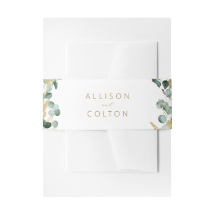 Rustic eucalyptus gold greenery boho wedding invitation belly band