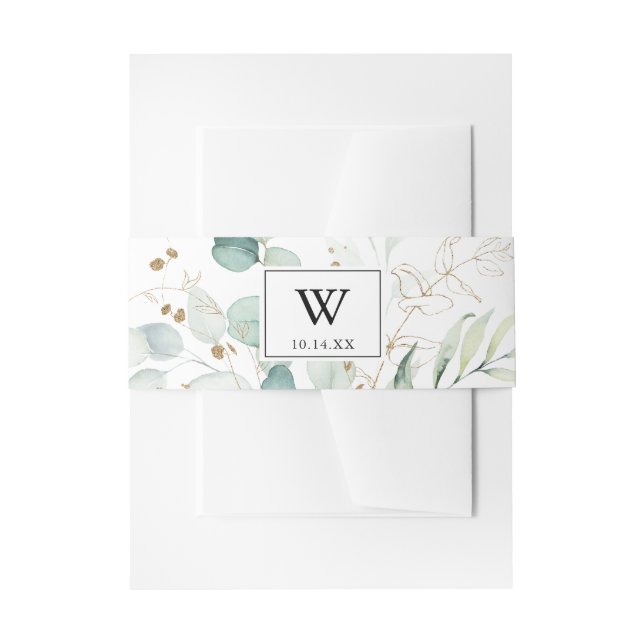 Rustic Eucalyptus Gold Monogram Wedding Invitation Invitation Belly Band (Front Example)