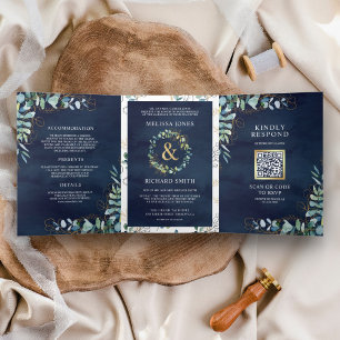 Rustic Eucalyptus Gold Navy Blue QR Code Wedding Tri-Fold Invitation