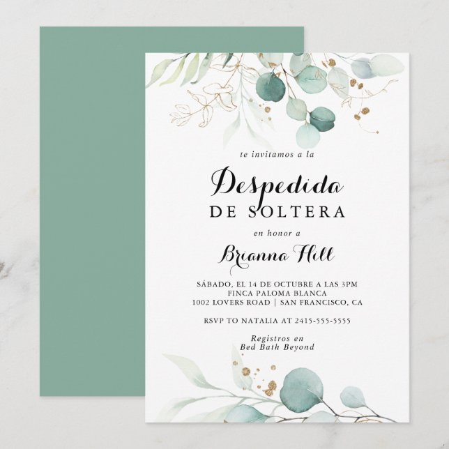 Rustic Eucalyptus Gold Spanish Bridal Shower Invitation (Front/Back)