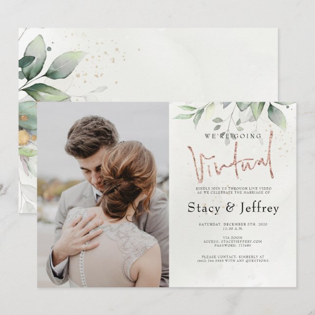 Rustic Eucalyptus Gold Virtual Wedding Invitation (Front/Back)