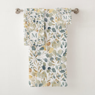 Rustic Eucalyptus Gold Watercolor Pattern Monogram Bath Towel Set