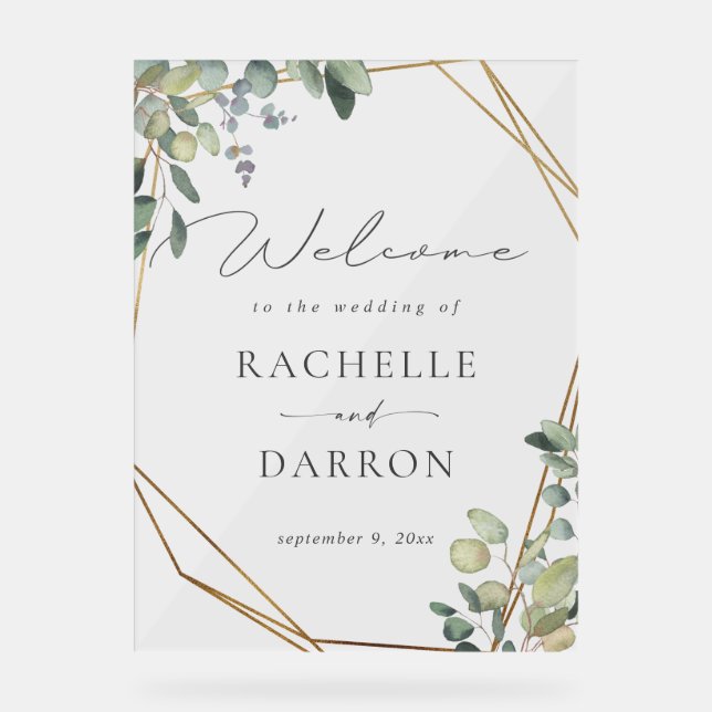 Rustic Eucalyptus & Gold Wedding Welcome Acrylic Sign (Front)