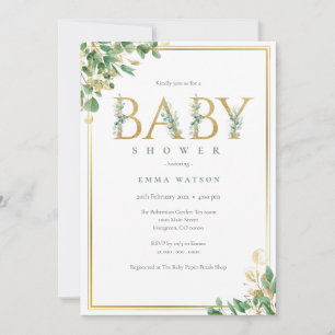 Rustic Eucalyptus Golden Letters frame Baby Shower Invitation