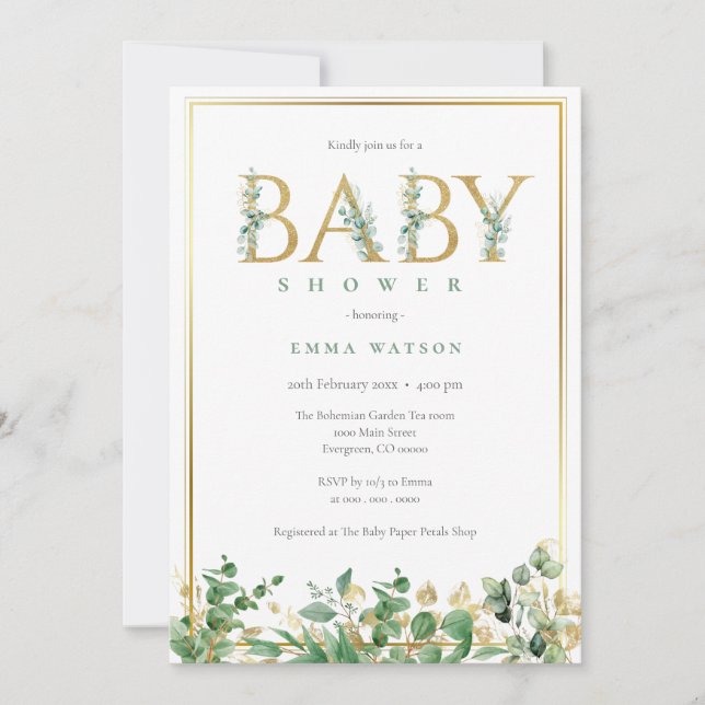 Rustic Eucalyptus Golden Letters frame Baby Shower Invitation (Front)