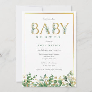 Rustic Eucalyptus Golden Letters frame Baby Shower Invitation
