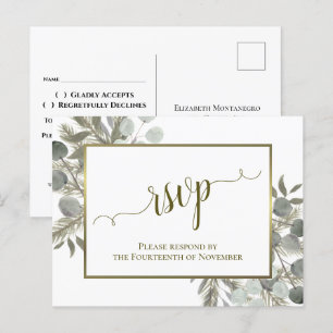 Rustic Eucalyptus & Golden Pine Wedding RSVP Postcard