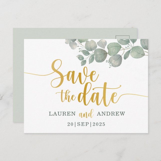 Rustic Eucalyptus Green/Gold Wedding Save the Date Postcard (Front/Back)