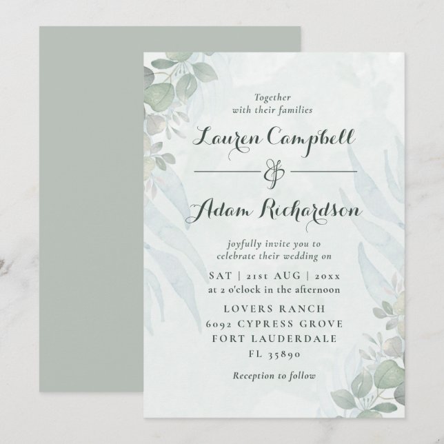  Rustic Eucalyptus Green Watercolor Wedding  Invitation (Front/Back)