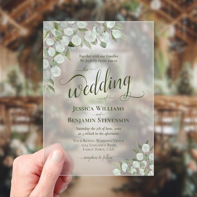 Rustic Eucalyptus & Greenery Boho Chic Wedding Acrylic Invitations (Frosted Acrylic with Rectangle Cut)