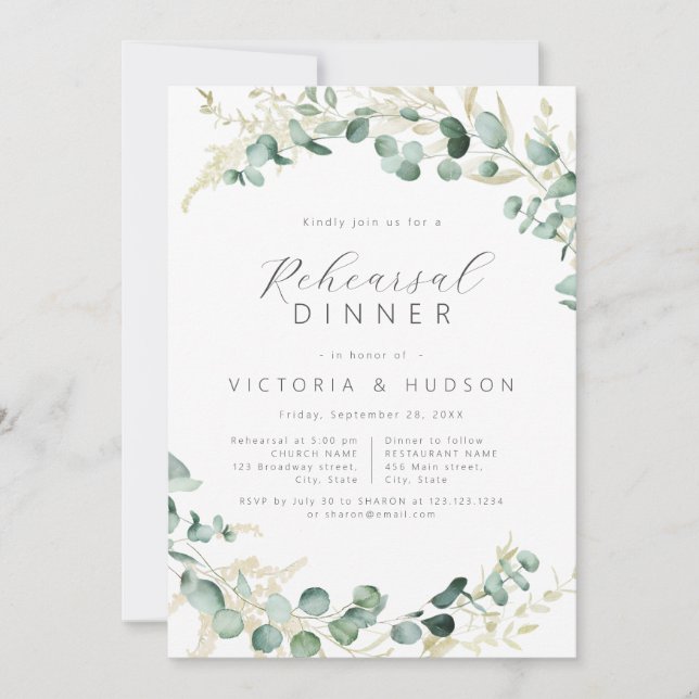 Rustic eucalyptus greenery boho rehearsal dinner invitation (Front)