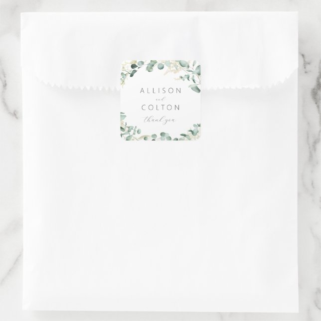Rustic eucalyptus greenery boho wedding favour square sticker (Bag)