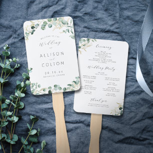 Rustic eucalyptus greenery boho wedding program hand fan