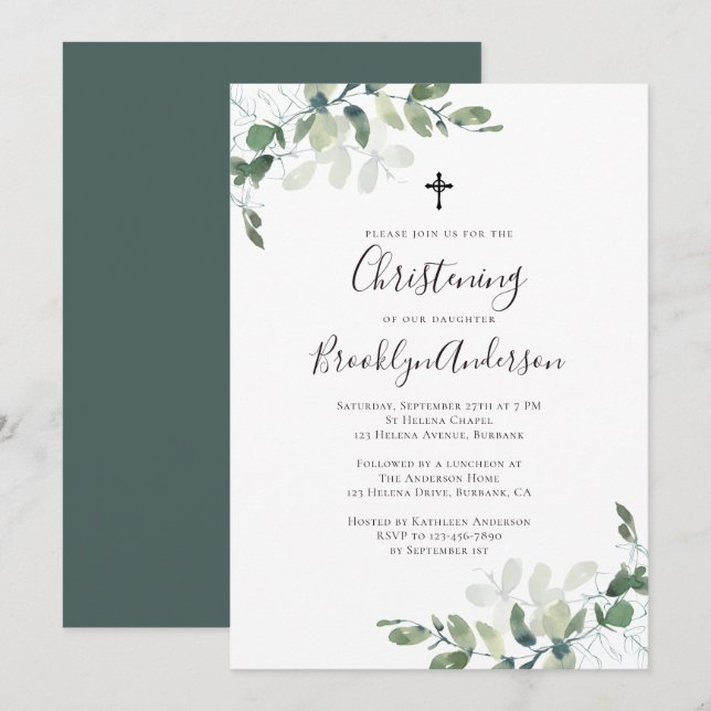 Rustic Eucalyptus Greenery Christening Invitation (Front/Back)