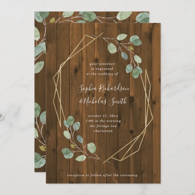 Rustic Eucalyptus Greenery | Geometric Wedding Invitation (Front/Back)