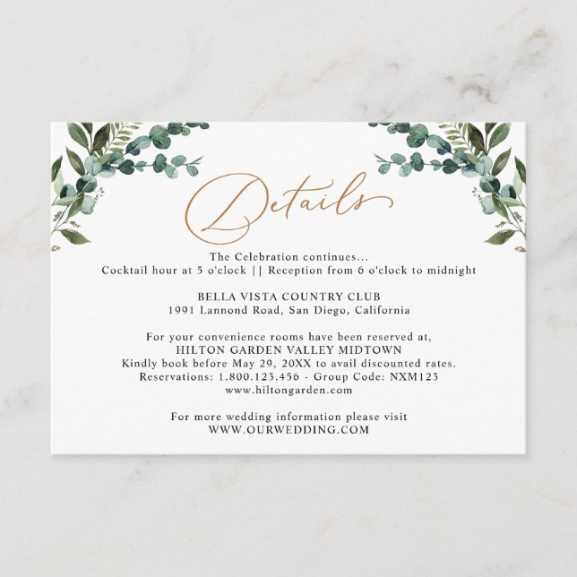 Rustic Eucalyptus Greenery Gold Wedding Details  Enclosure Card (Front)