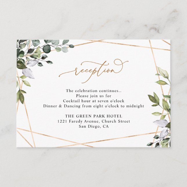 Rustic Eucalyptus Greenery Gold Wedding Reception Enclosure Card (Front)