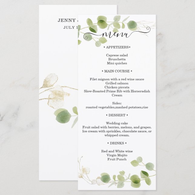 Rustic Eucalyptus Greenery Gold Wedding Reception Menu (Front/Back)