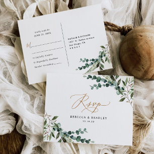 Rustic Eucalyptus Greenery Gold Wedding RSVP Postcard