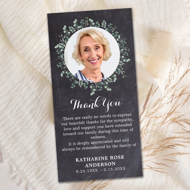 Rustic Eucalyptus Greenery Memorial Photo Funeral Thank You Card (Creator Uploaded)
