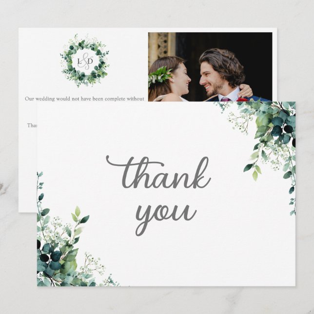 Rustic Eucalyptus Greenery Monogram Modern Wedding Thank You Card (Front/Back)