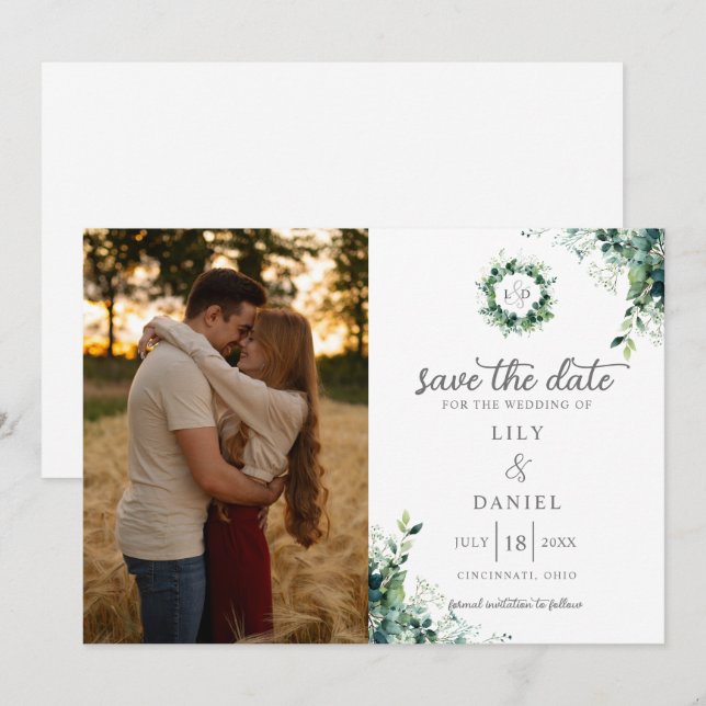 Rustic Eucalyptus Greenery Monogram Photo Wedding Save The Date (Front/Back)