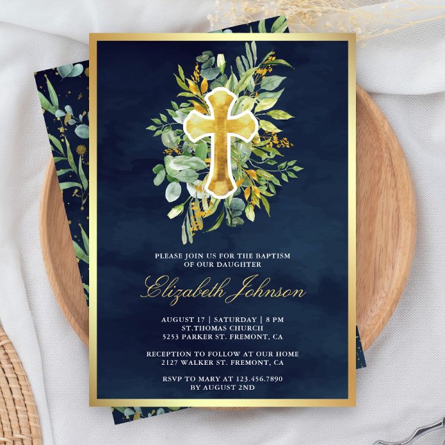 Rustic Eucalyptus Greenery Navy Blue Gold Baptism Invitation (Creator Uploaded)
