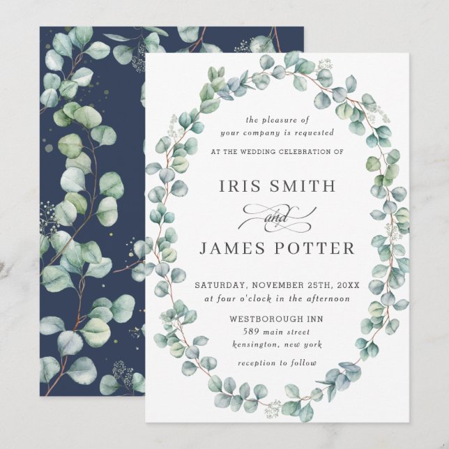 Rustic Eucalyptus Greenery Oval Wreath Wedding Invitation (Front/Back)