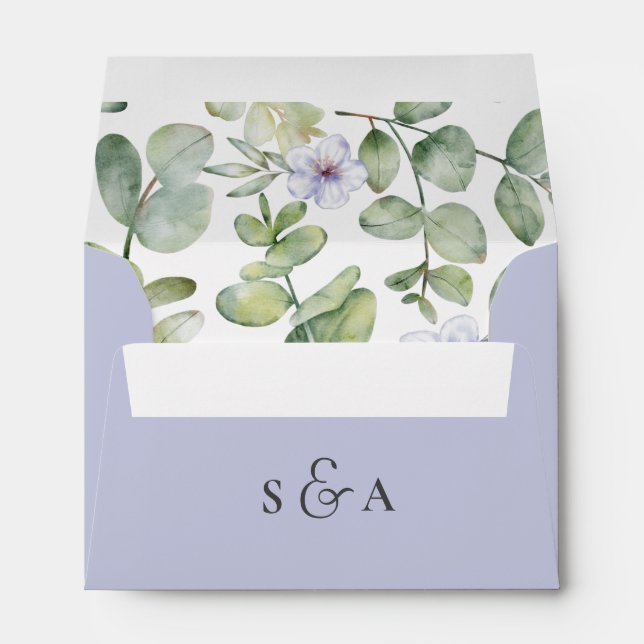 Rustic Eucalyptus Greenery & Purple Flower Wedding Envelope (Back (Bottom))