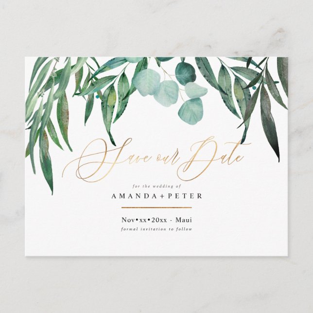 Rustic Eucalyptus, Greenery Save the Date Postcard (Front)