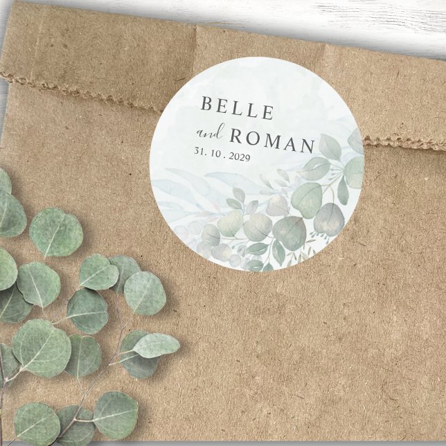Rustic Eucalyptus Greenery Watercolor Wedding  Classic Round Sticker (Creator Uploaded)