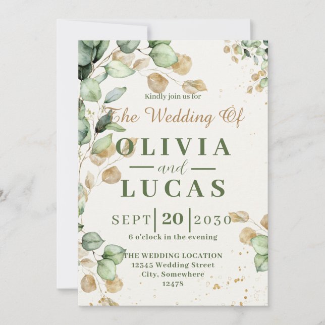 Rustic eucalyptus greenery wedding invitation (Front)