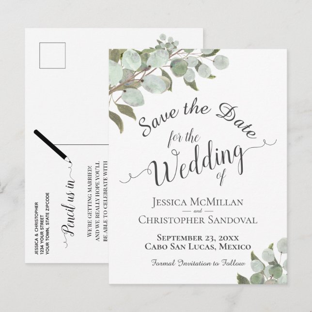 Rustic Eucalyptus & Greenery Wedding Save the Date Announcement Postcard (Front/Back)