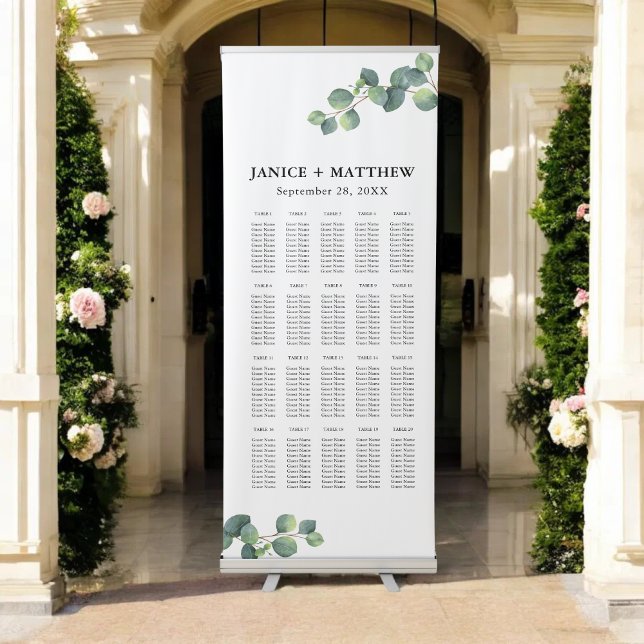 Rustic Eucalyptus Greenery Wedding Seating Chart Retractable Banner (Eucalyptus greenery seating chart banner guides guests smoothly with rustic charm.)