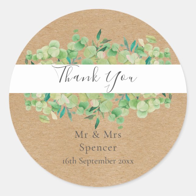 Rustic Eucalyptus Greenery Wedding Thank You Favou Classic Round Sticker (Front)